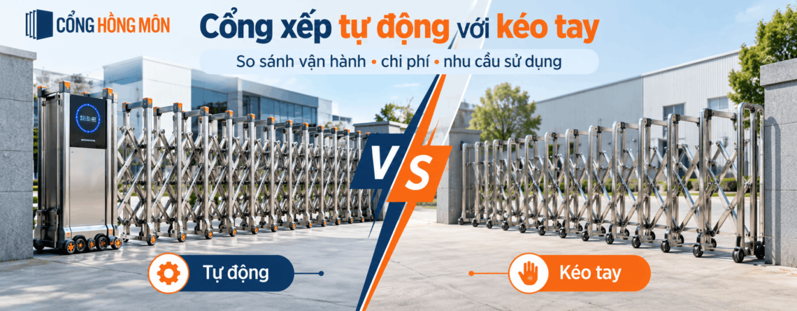 Cổng xếp tự động với kéo tay