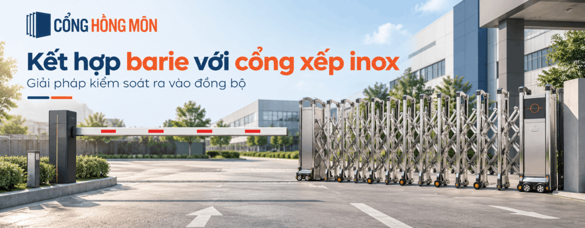 Kết hợp barie với cổng xếp inox