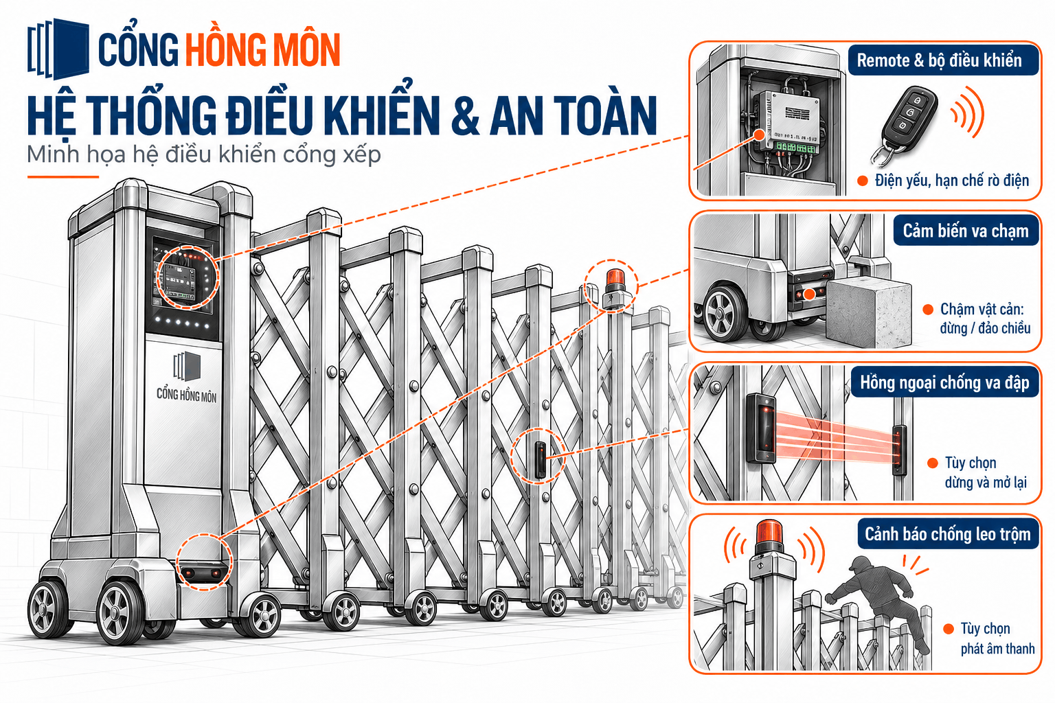 Hệ thống điều khiển và an toàn cổng xếp inox