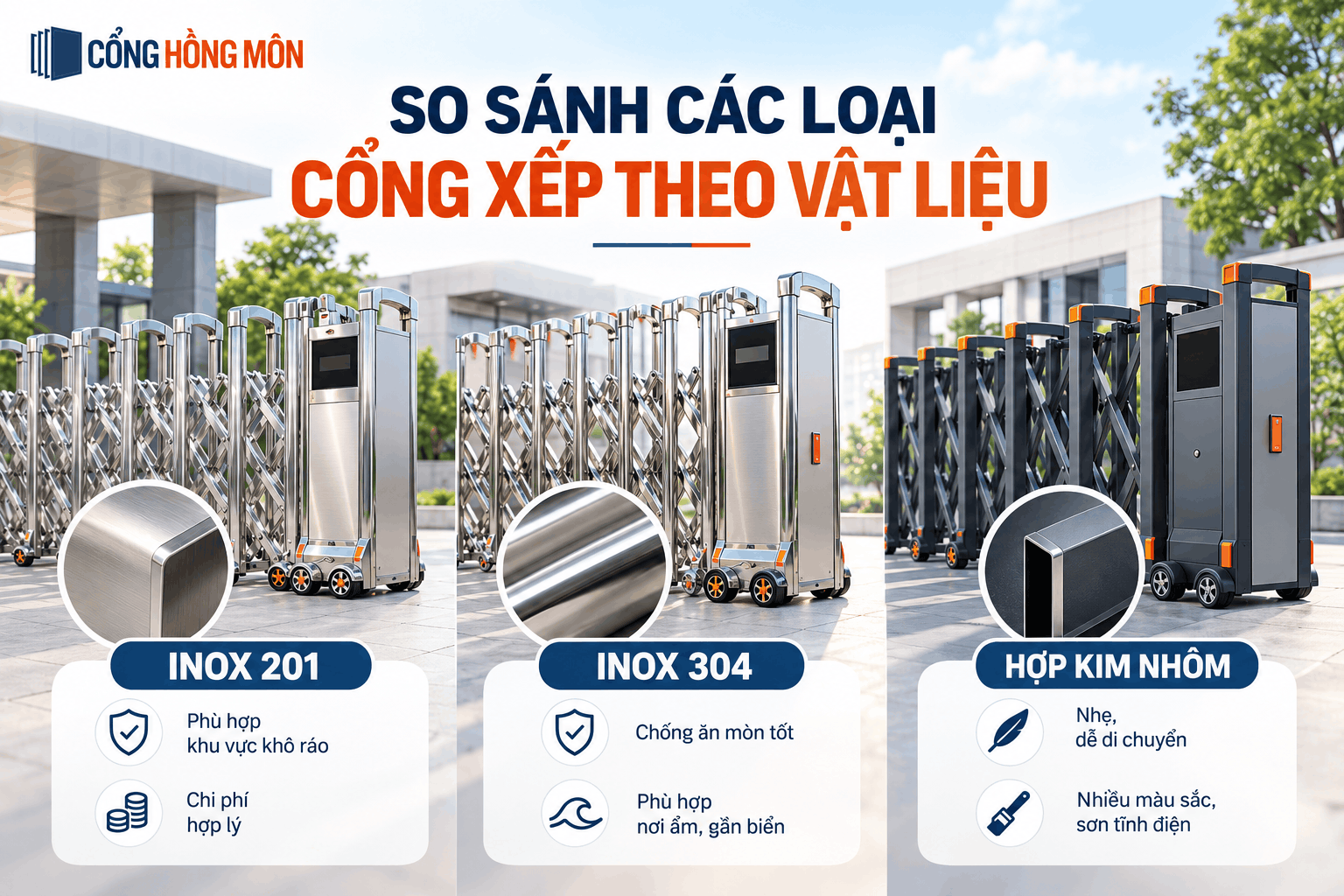 So sánh các loại cổng xếp inox theo vật liệu